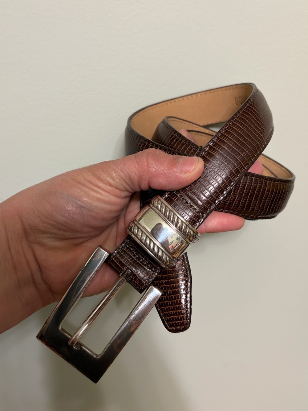 Brighton Brown reptile embossed silver hardware belt M/L waist 28”-32”